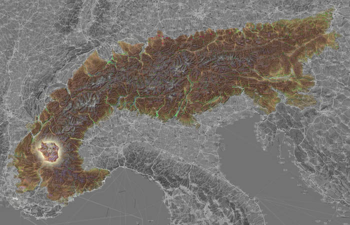 Массив Экрен (Massif des Écrins) в составе Альп на карте